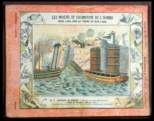 Deckblatt eines Schulheftes, das die Belagerung von Syrakus durch die Römer unter dem Konsul Marcus Claudius Marcellus (268-208 v. Chr.) im Jahr 212 v. Chr. darstellt, ca. 1900